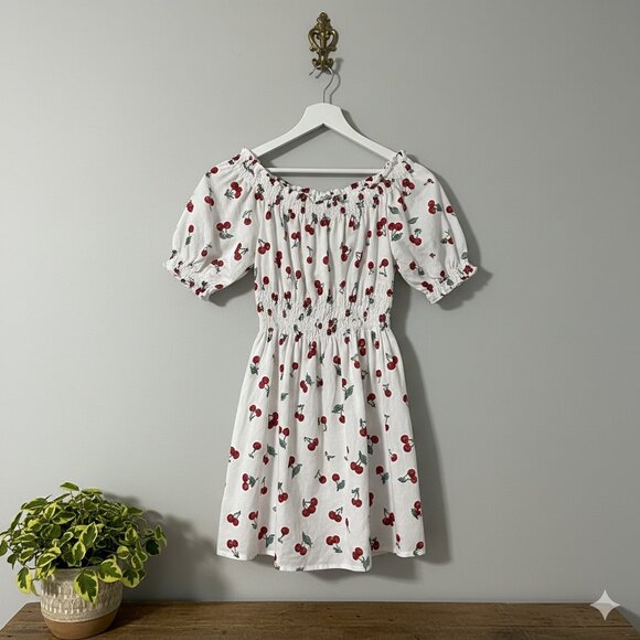 Amorini White Cherry Print Shirred Off Shoulder Puff Sleeve Mini Dress S - Picture 1 of 6